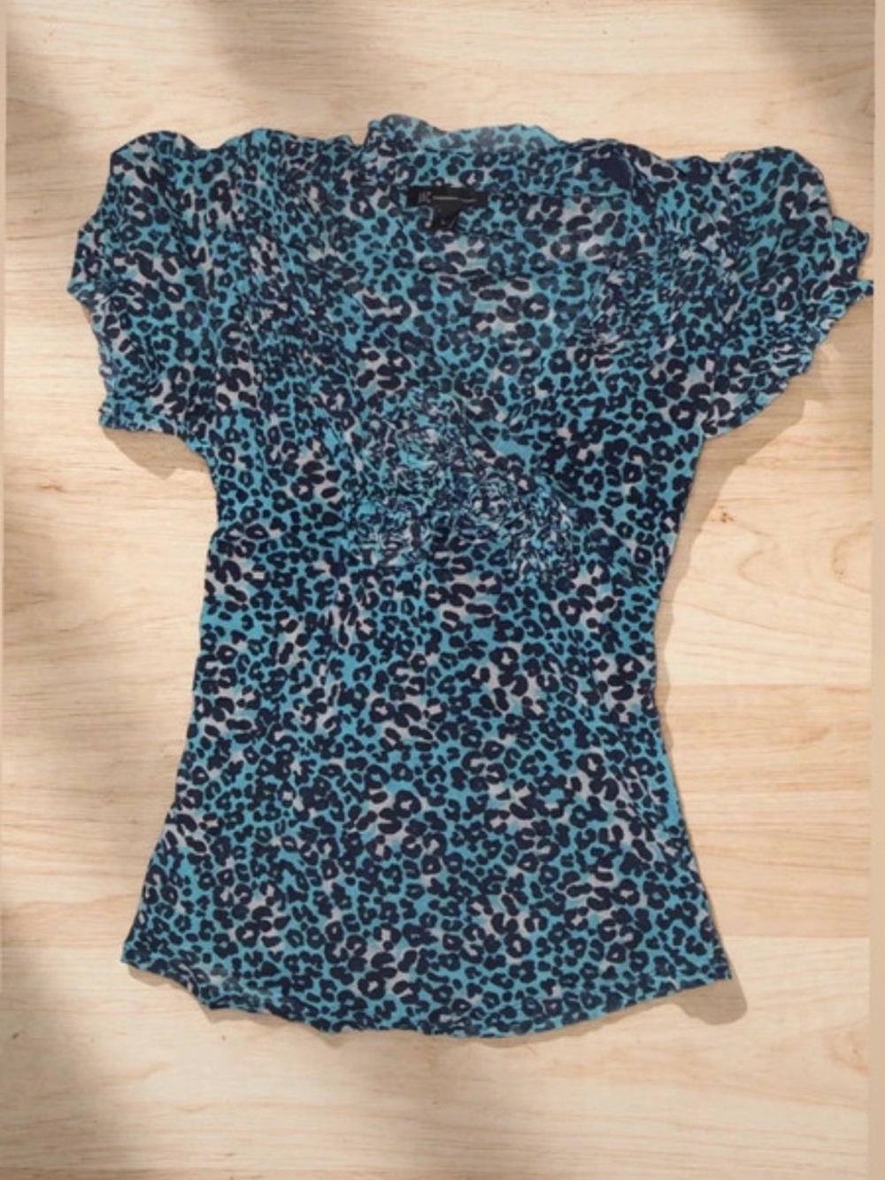 INC International Concepts Blue Leopard Print Flutter Sleeve Top